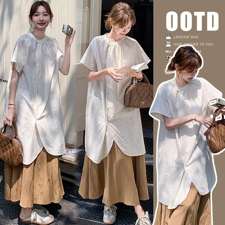 孕妇装绣花宽松开叉衬衫套装女夏新款超好看洋气阔半身裙两件套