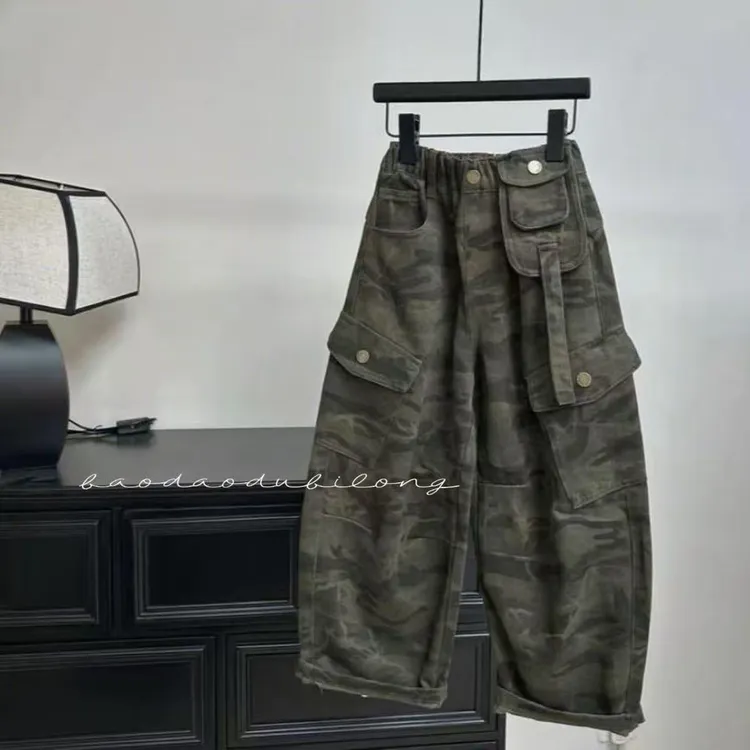 纯棉品质休闲伞兵工装迷彩长裤男女中大童痞帅休闲潮酷宽松弯刀裤