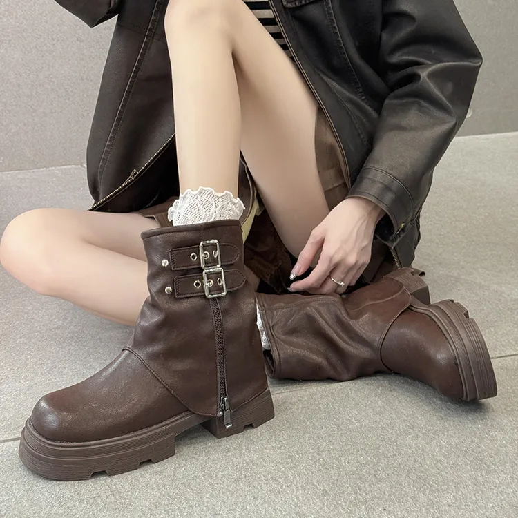 牛皮版~美拉德褶皱堆堆靴厚底2025秋冬流行炸街短靴小个子马丁靴