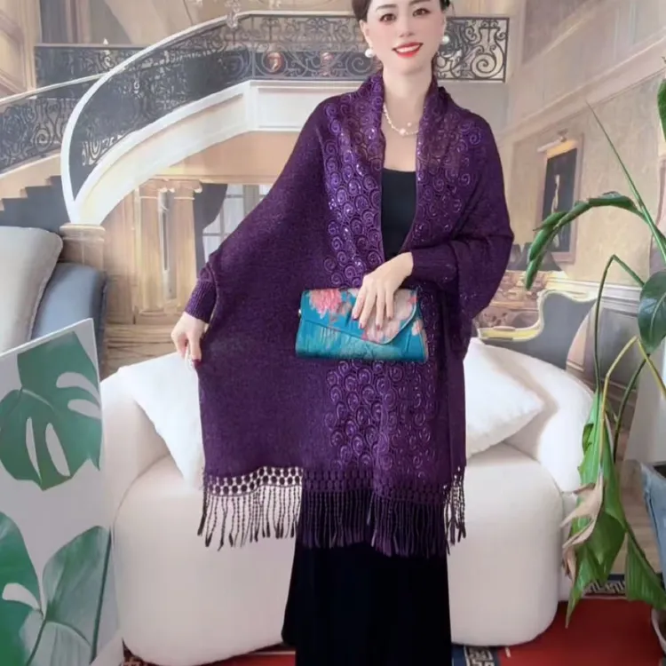 喜婆婆喜妈妈休闲时尚披肩冬季长款女士流苏