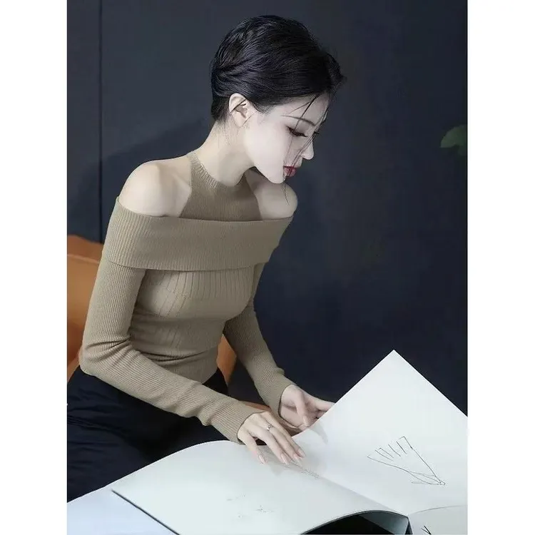 SS5001设计感独特假两件一字肩露肩长袖针织衫女2025秋季新款上衣