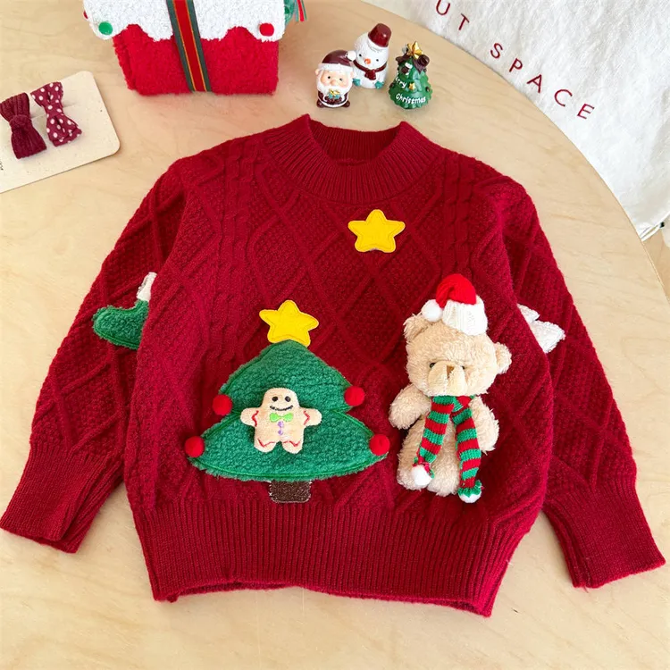 儿童红色格子毛衣新年拜年服秋冬针织衫冬季保暖打底衣