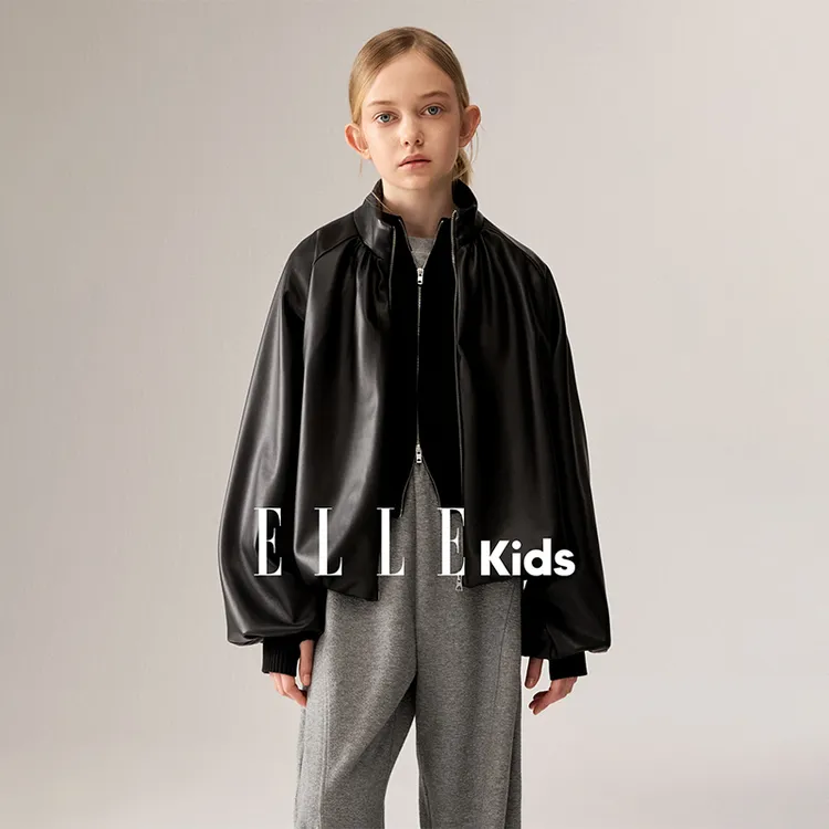 ELLE KIDS 童装休闲插肩袖廓形飞行员抽皱刺绣拉链外套百搭时尚Q1