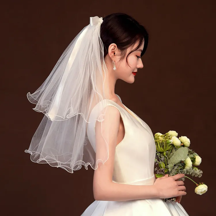 新娘头纱头饰超仙结婚拍照道具短款森系婚纱头纱领证白色简约法式