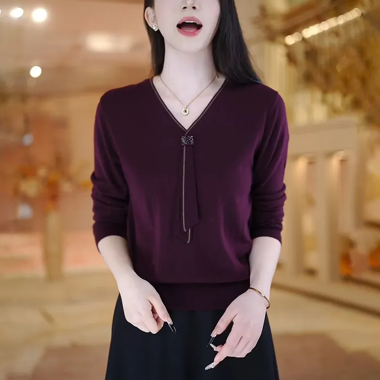 早秋女紫色飘带V领针织衫慵懒高级感减龄洋气内搭打底毛衣上衣