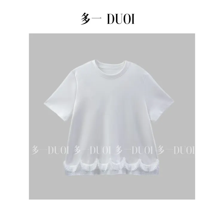 多一“花边T”2025春夏小众简约木耳蕾丝花边拼接正肩圆领休闲T恤