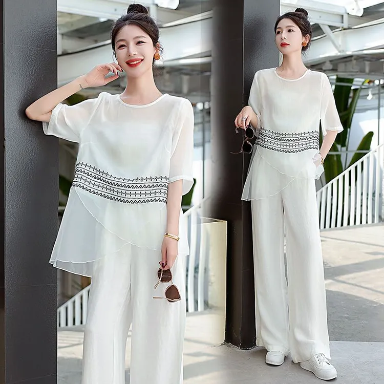 设计感天丝短袖衬衫两件套女2025年新款夏宽松时尚法式阔腿裤套装