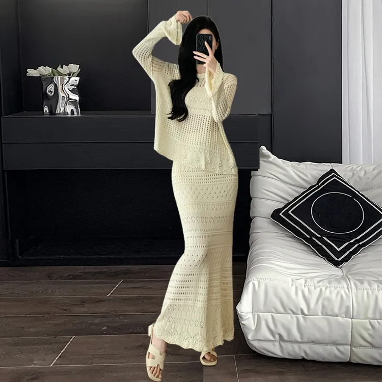 优雅时尚小香风针织套装秋季精致减龄高级感镂空毛衫半身裙两件套