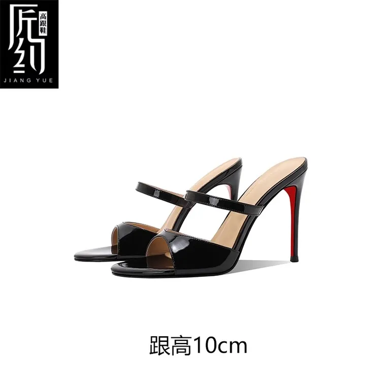 匠约黑色漆皮红底凉鞋女外穿拖鞋细跟圆头露趾性感新款夏季高跟鞋