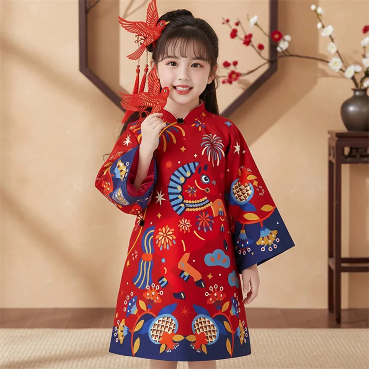 董璇同款2026马年儿童旗袍冬新款唐装连衣裙新中式女童礼服拜年服