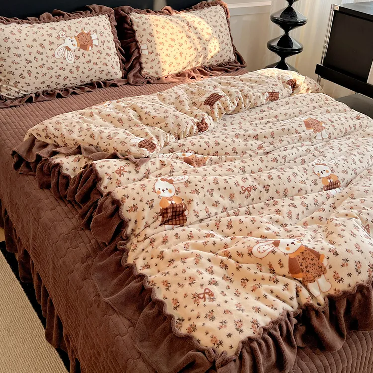法式公主风牛奶绒四件套床盖款冬季加厚法兰珊瑚绒花边被套罩床单