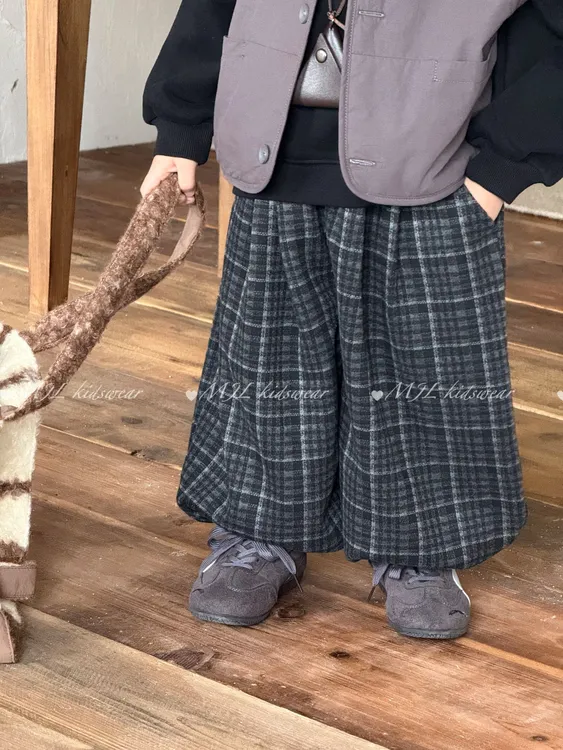 MJL【现货】冬款【格调】加绒格子束脚儿童休闲裤丨MJ2526