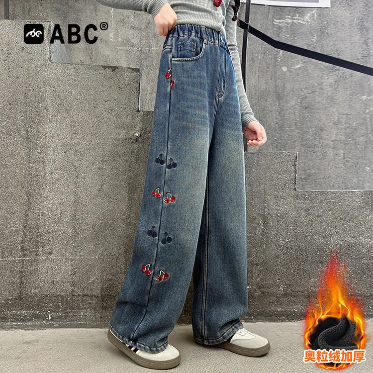ABC女童秋冬牛仔裤2025新款儿童侧边刺绣直筒裤女孩一体绒阔腿裤