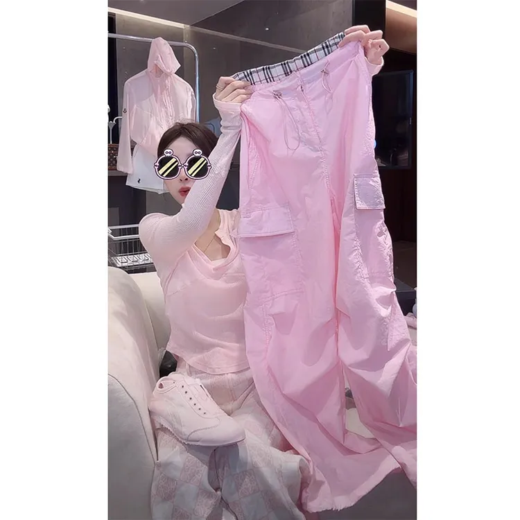 粉色褶皱多口袋抽绳工装裤女夏季新款时尚休闲百搭遮肉显瘦阔腿裤