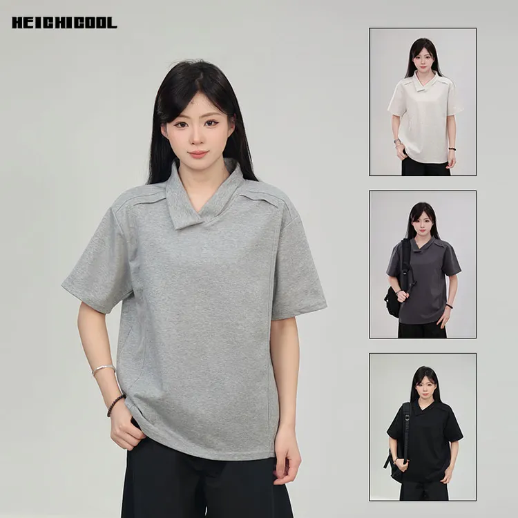 HEICHI黑迟2025夏季美式极简解构翻领短袖POLO衫T恤男士男女同款t