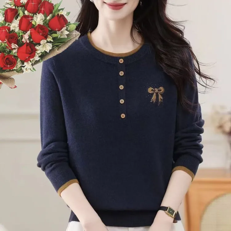 秋冬款烫砖羊毛高端轻奢圆领纽扣保暖女装宽松百搭打底衫长袖