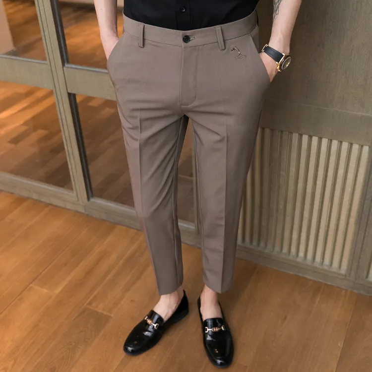夏季修身小脚九分裤子男士棕色商务西裤男生显瘦高端休闲裤长裤