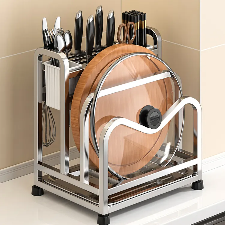 不锈钢厨房刀架置物架台面多功能菜刀锅盖菜板筷子刀具一体收纳架