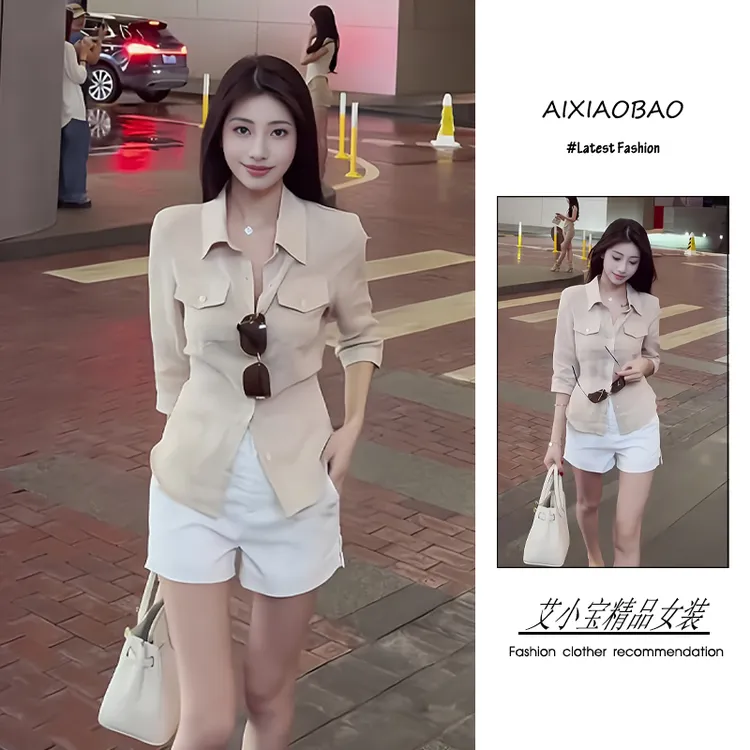 夏季2025新款女装韩系穿搭老钱风气质中袖系带收腰衬衫短裤两件套