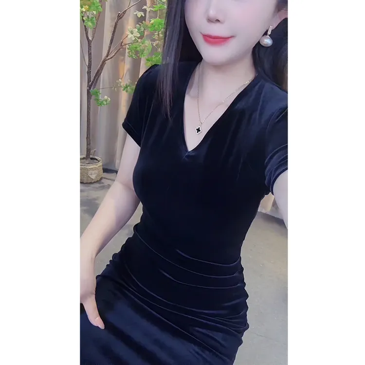 小众设计感显瘦短袖X型裙长裙V领高腰洋气连衣裙夏季