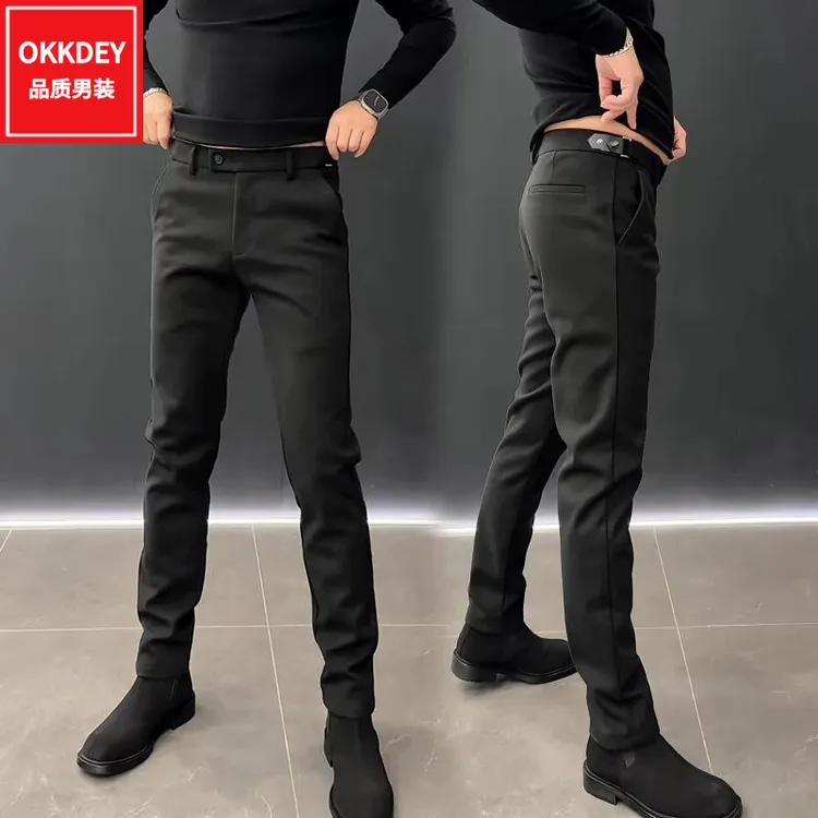 okkdey男士休闲裤秋冬新款时尚轻奢毛呢裤子男潮流百搭修身小脚裤