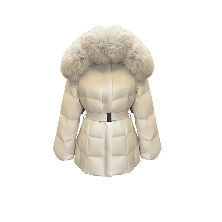 女装冬季保暖连帽时尚大狐狸毛鹅绒羽绒服女款短款常规修身型收腰