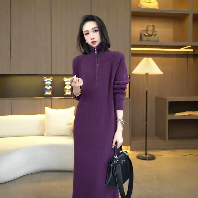 针织连衣裙女秋冬配大衣高级感超好看拉链领中长款毛衣裙过膝内搭