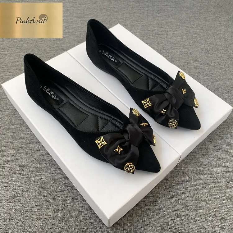 PinkAvril尖头平底鞋单鞋2025年新款蝴蝶结黑色浅口平跟百搭瓢鞋
