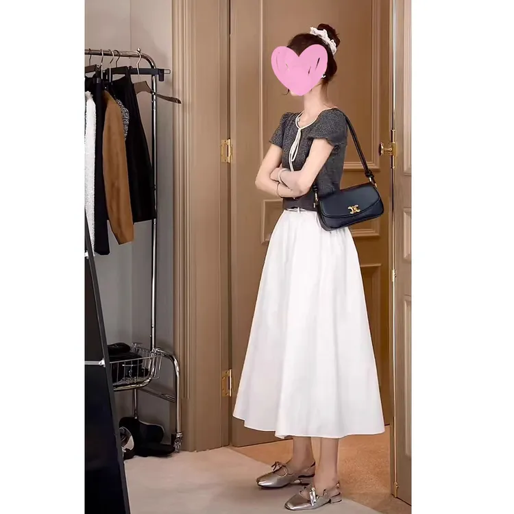 张元一同款女装韩系时尚白色半身裙女秋季高腰a字温柔风中长裙子