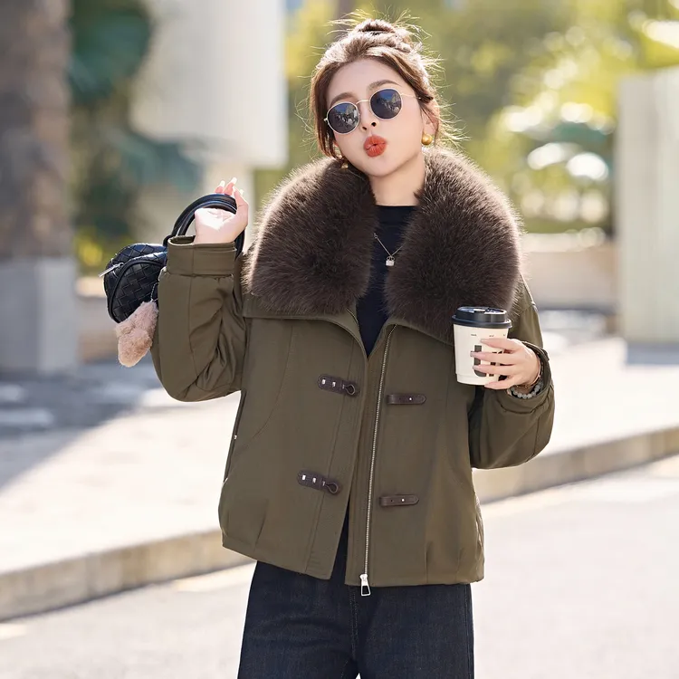 时尚大毛领加绒加厚派克服女2025冬季新款流行保暖工装风棉服外套