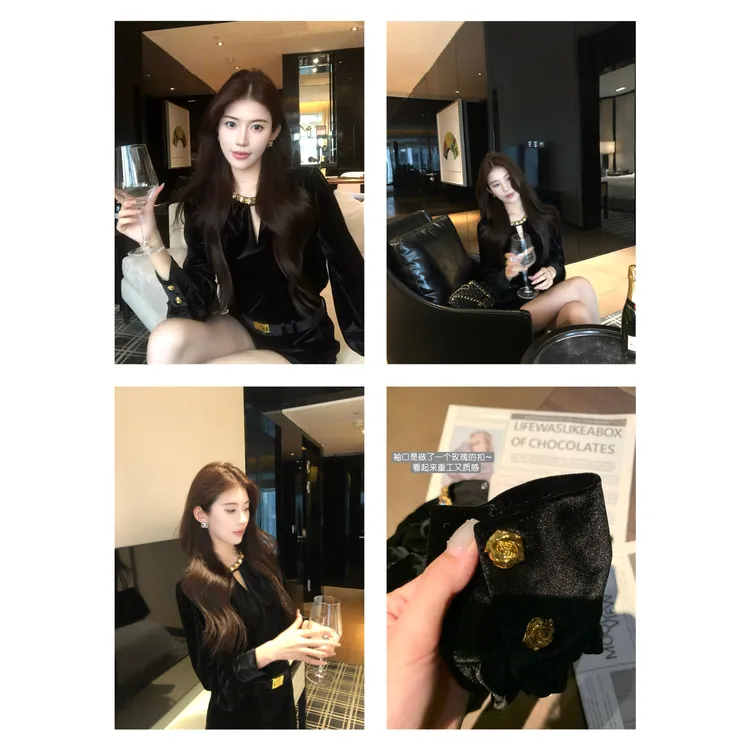 【禾呈】韩版圆领镂空钉珠设计显瘦套头女冬时尚网红丝绒上衣10815