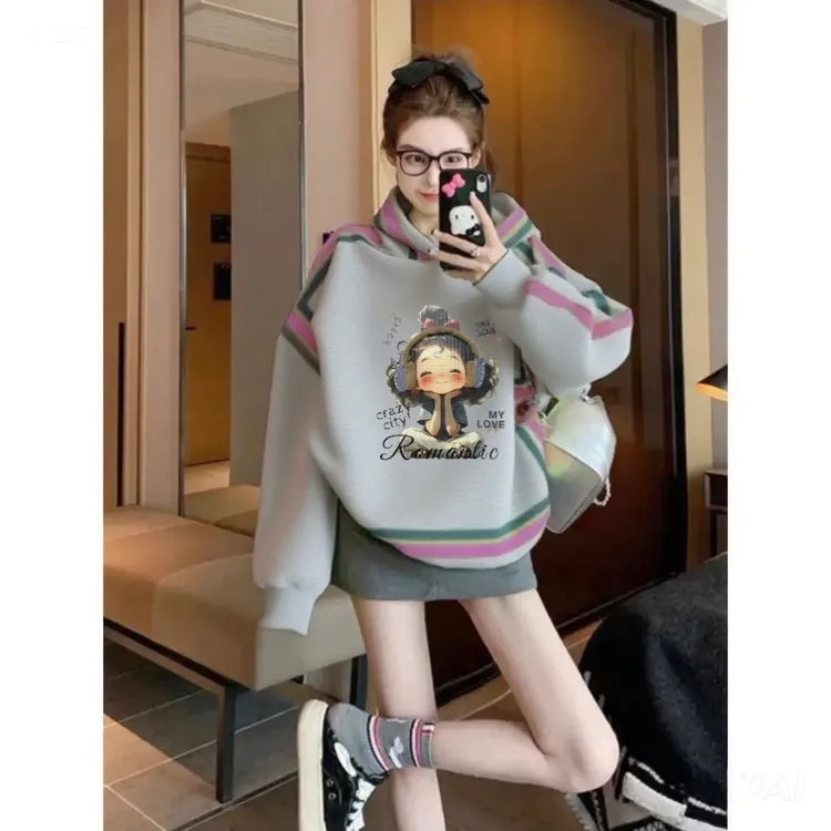 连帽灰色中长款卫衣女春秋新款韩系冬季加绒加厚印花宽松显瘦外套