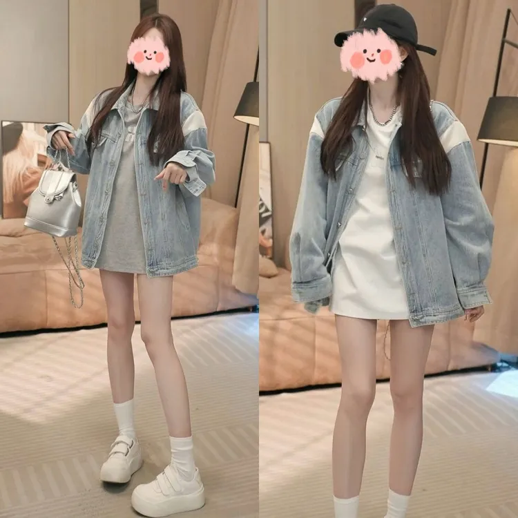 2025网红同款女装设计感宽松撞色牛仔外套显瘦百搭长袖T恤两件套