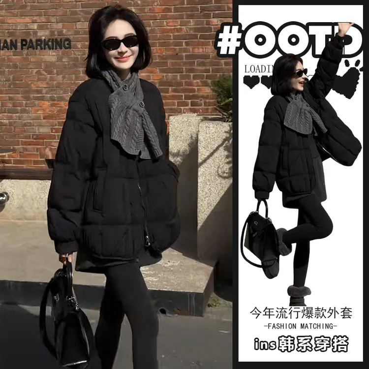 港味别致百搭保暖棉服外套女2025冬季时尚宽松简约黑色加厚棉衣潮