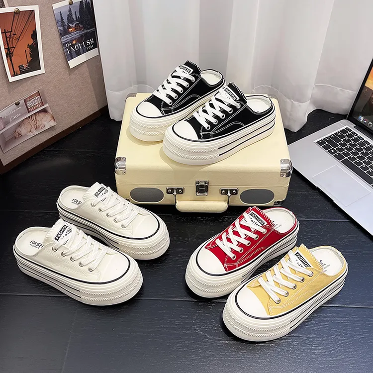 松糕厚底包头半拖鞋女2025新款夏季一脚蹬小个子帆布鞋懒人凉拖鞋