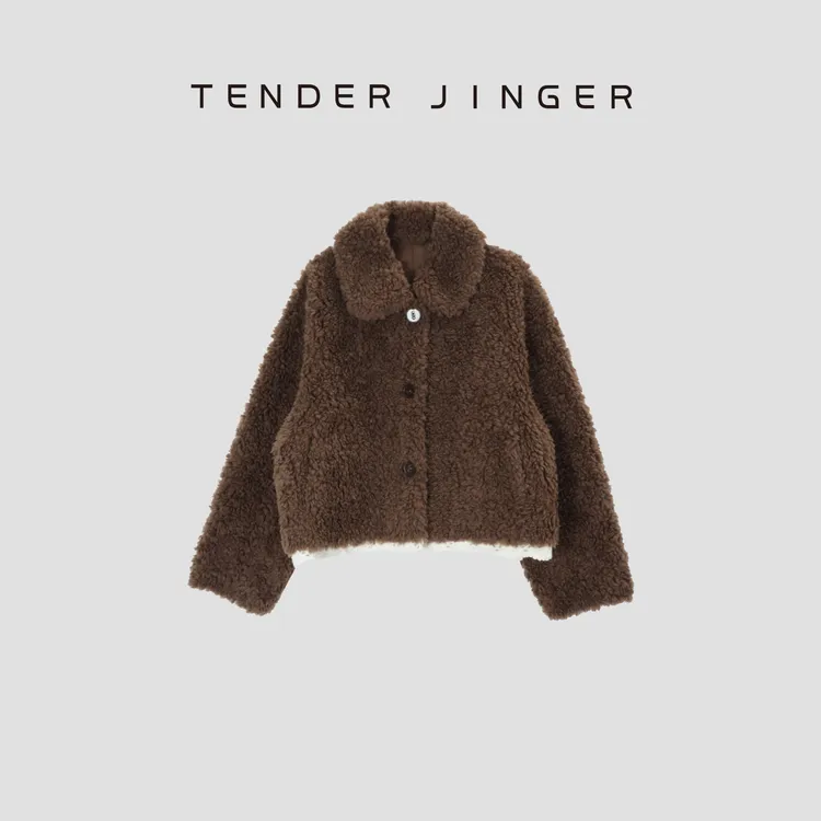 Tender Jinger【黑标】小短款针织花边咖色羊毛颗粒外套T54WEI500E