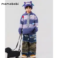 momobobi自制新款儿童毛衣韩个性拼色条纹字母套头针织衫毛球上衣