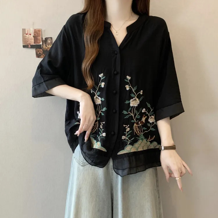 大码胖mm新中式短袖衬衫女2025夏季新款宽松显瘦百搭薄款雪纺上衣