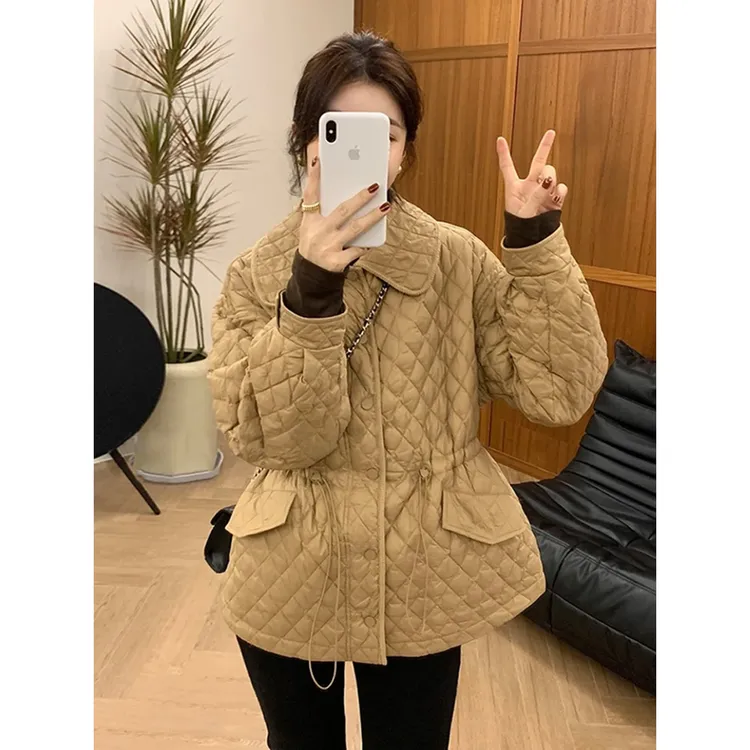 COS MOCO UR正品高级感菱格棉服女秋冬轻薄洋气收腰薄棉学生面包