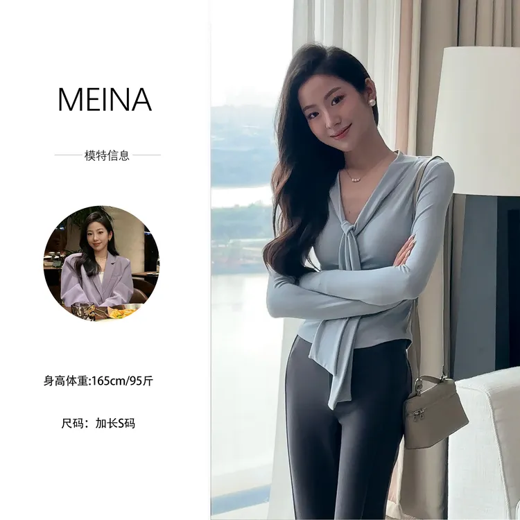 MEINA【缪斯之语】早春2025新款纯欲飘带设计V领修身显瘦打底衫上衣