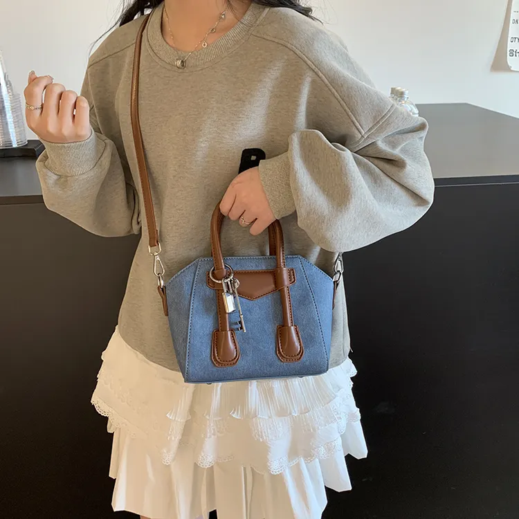 时尚手提小包包2025新款真皮质感牛仔色单肩斜挎包高颜值女士包包