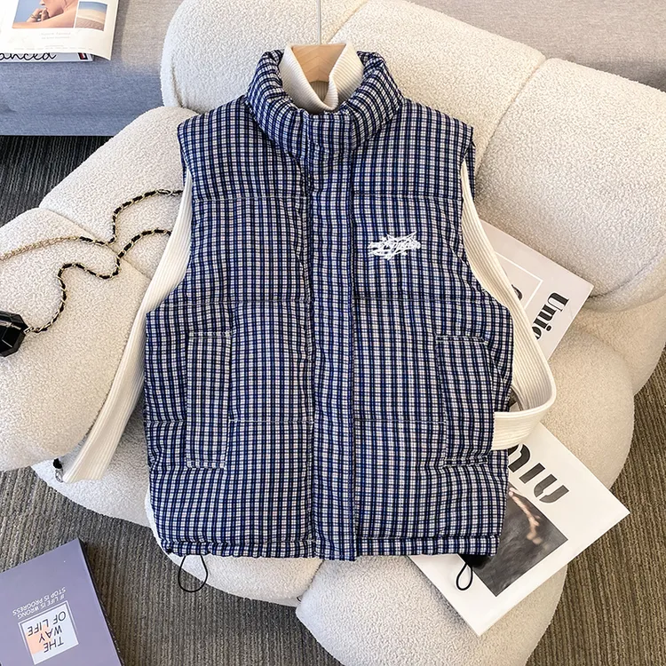 超好看 胖mm大码棉服马甲女秋冬新款格子百搭刺绣背心时尚外套602