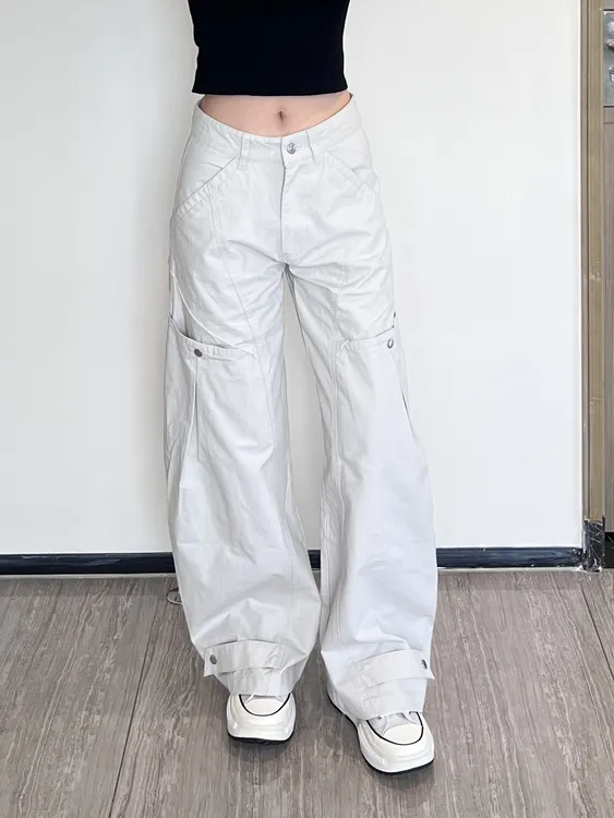 万兔的One美式复古小众设计感男女工装牛仔裤垂直感弯刀休闲裤子