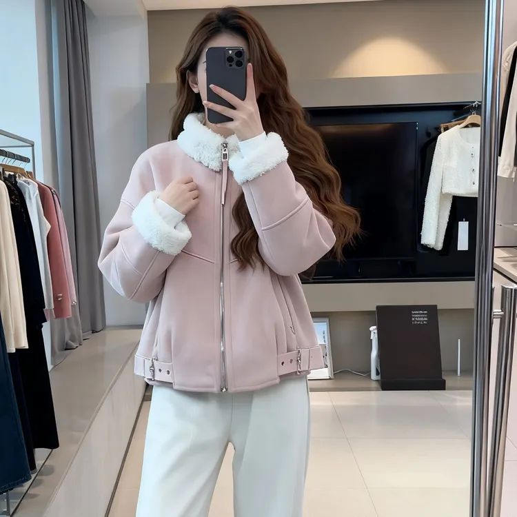 冬季新款休闲慵懒风设计感羊羔毛短外套时尚拼接宽松显瘦保暖外衣