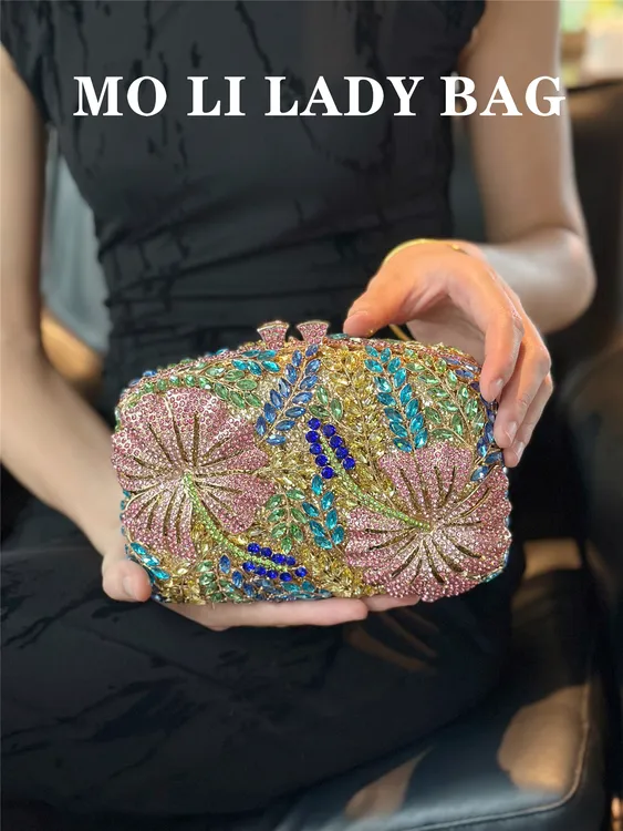 高级感法式轻奢镶钻花瓣彩色满水钻盒子闪亮旗袍包晚宴派对手拿包