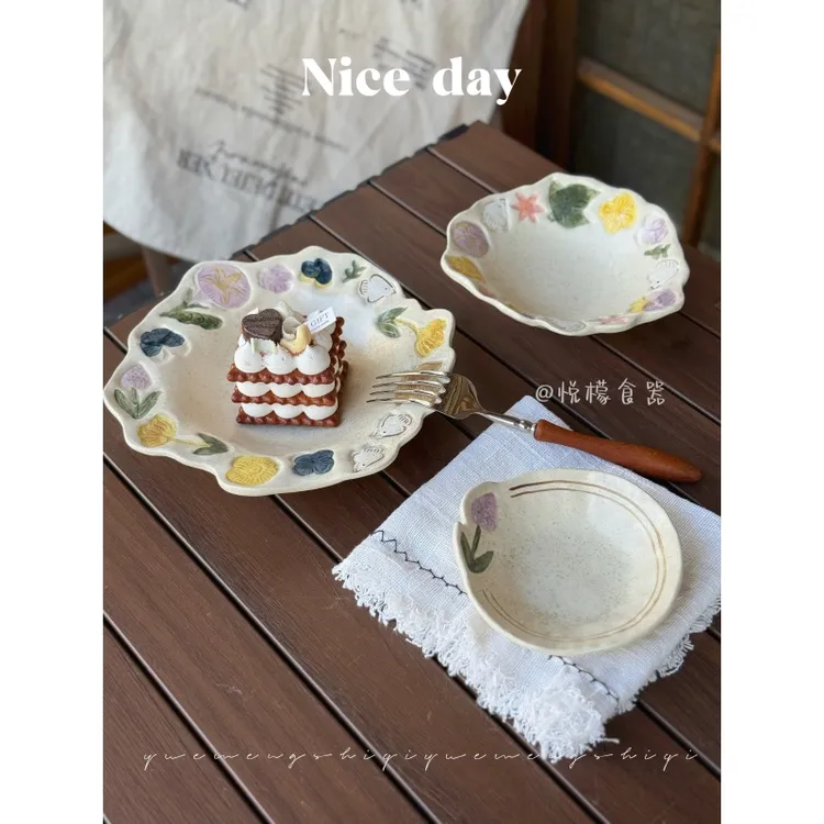 悦檬食器日式飞鸟手绘陶瓷盘子套装ins风甜点蛋糕盘沙拉碗高颜值