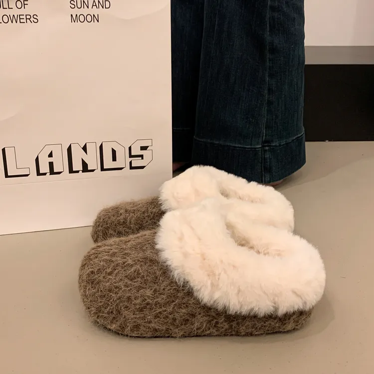 毛毛半拖雪地靴厚底加绒勃肯鞋包头拖鞋女款冬季外穿2025新款棉拖