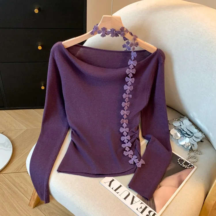 显瘦修身高端轻奢女装御姐风一字领长袖T恤针织衫秋冬收腰打底衫