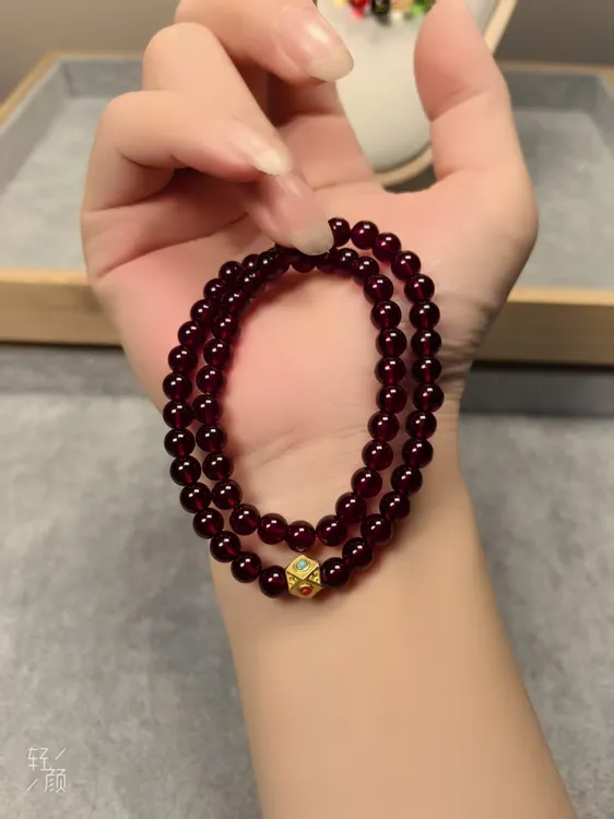 合金琉璃手链 卡6MM石榴红色古法蜻蜓眼配饰双圈女款手串