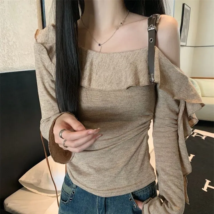 小众不规则长袖斜肩针织衫秋季2025新款荷叶飘带修身别致褶皱上衣